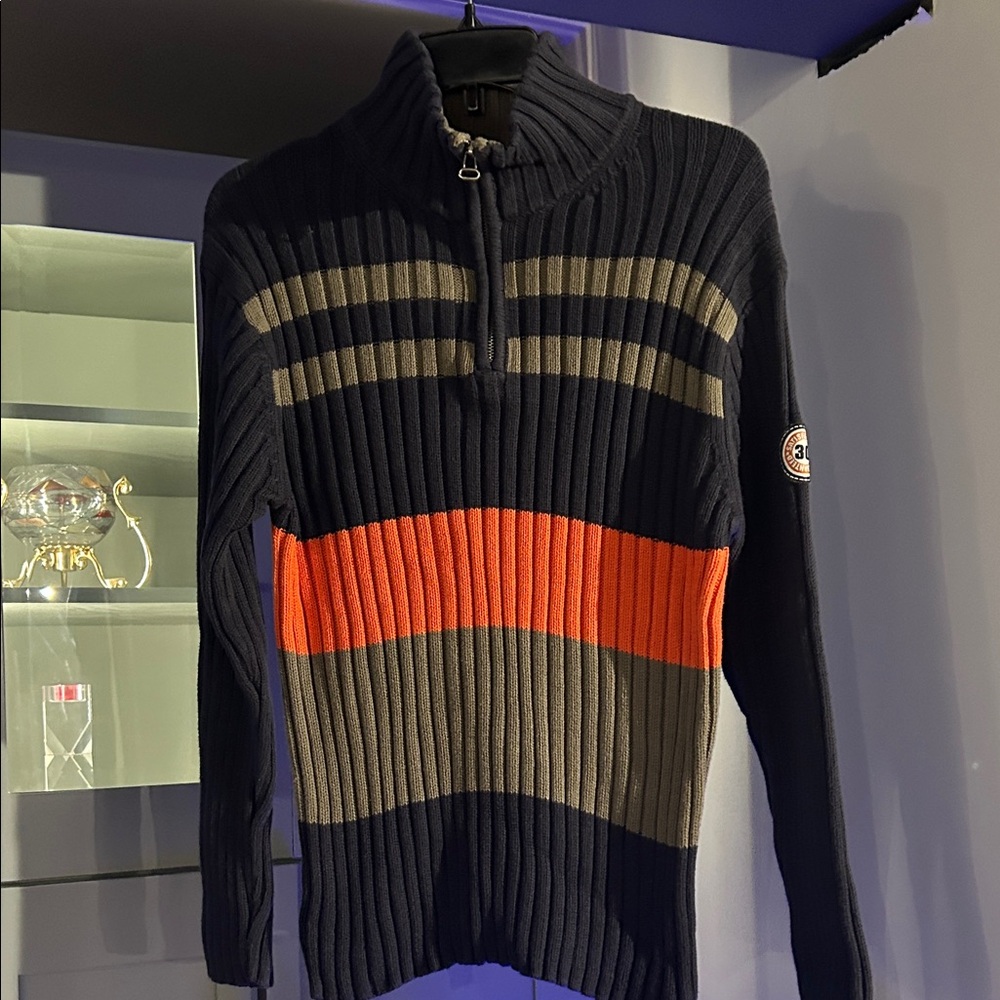 Men's Navy and Orange Striped Zip-Up Sweater